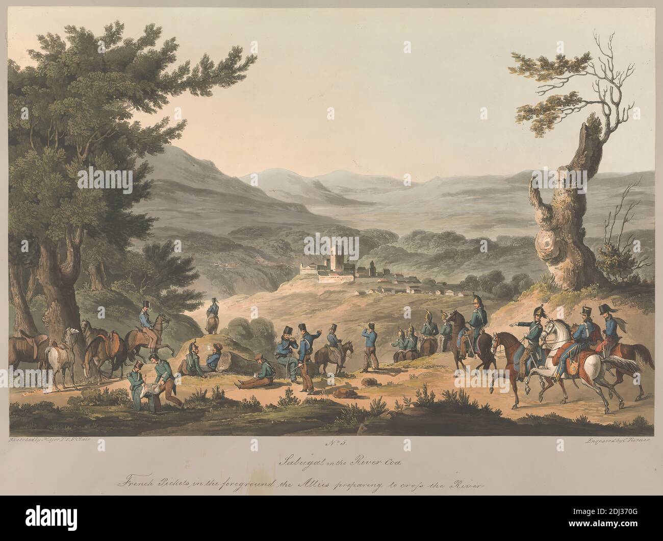 No.5 Sabugal sul fiume COA picchetti francesi in primo piano gli Alleati che si preparano ad attraversare il fiume., Charles Turner, 1774–1857, British, dopo T. St. Clair, attivo 1810–1815, 1810-1815, Aquatint, colorato, Côa, Guarda, Portogallo, Sabugal Foto Stock