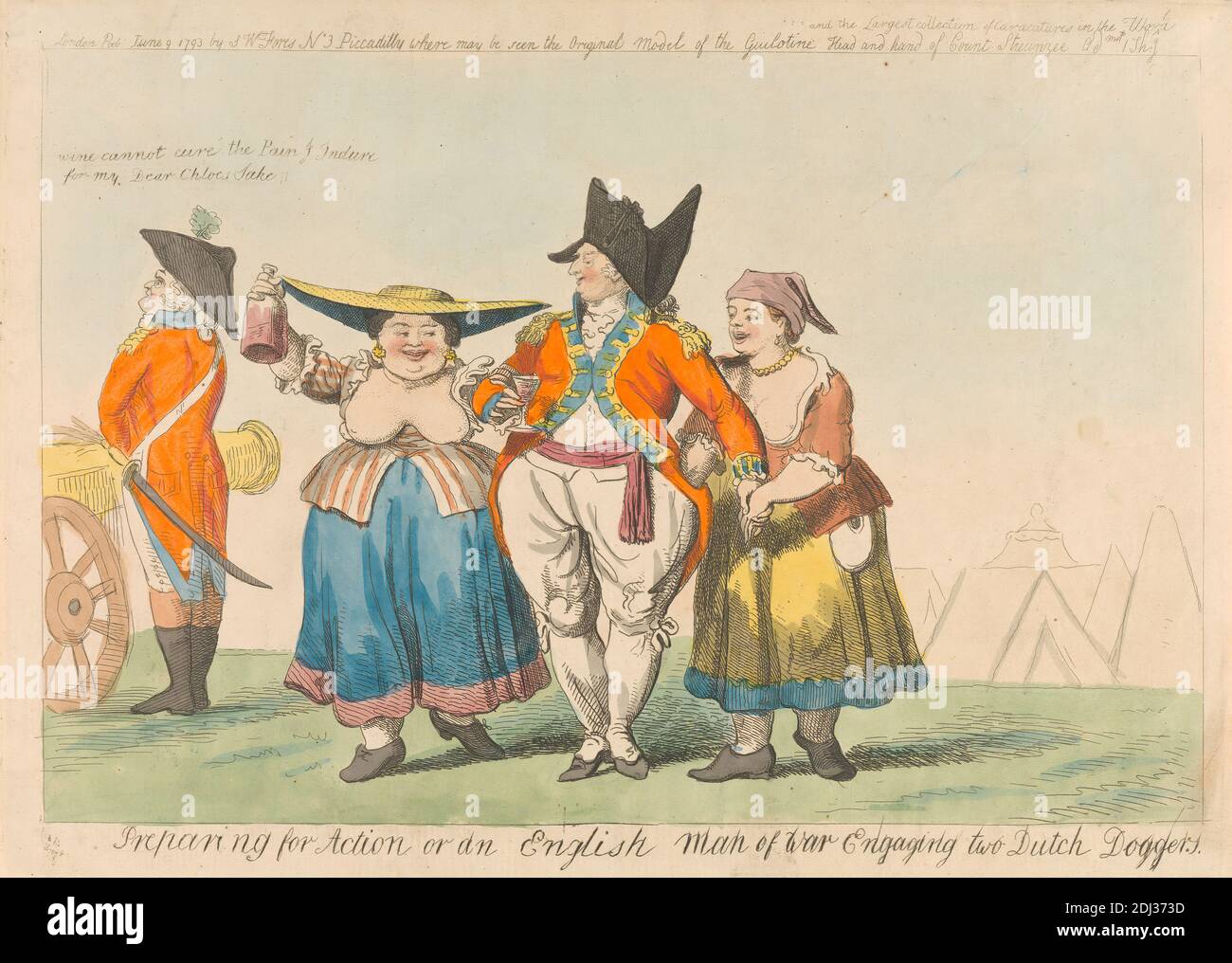 Preparing for Action o un inglese Man of War Engaging Two Doggers, Isaac Cruikshank, 1756–1810, British, 1793, Etching, Hand-colored, foglio: 8 1/2 x 12 7/8in. (21.6 x 32,7 cm Foto Stock