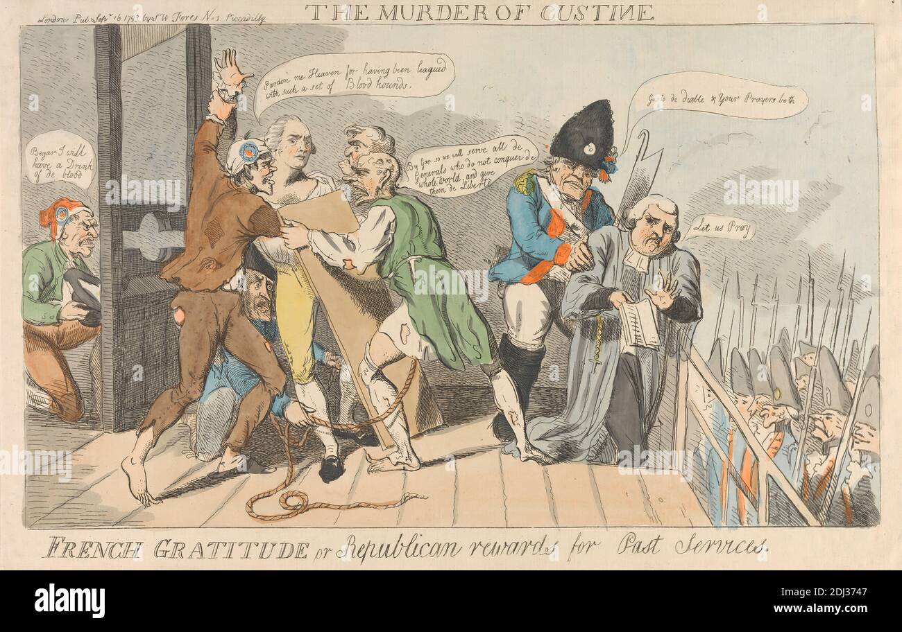 The Murder of Custine, French Grateny or Republican Rewards for Past Services (from: Caricature, vol. 3), Isaac Cruikshank, 1756–1810, British, 1793, Etching, Hand-Coloured, Sheet: 8 1/2 x 14 3/4in. (21.6 x 37,5 cm Foto Stock