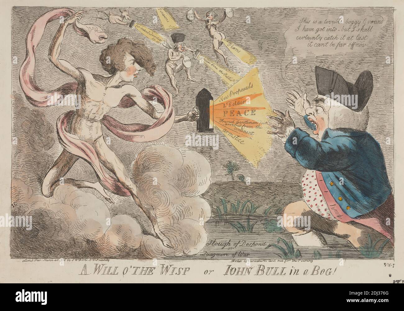 A Will o'The Wisp o John Bull in a Bog!, Isaac Cruikshank, 1756–1810, British, 1796, Etching, colore a mano, foglio: 8 1/2 x 12 7/8in. (21.6 x 32,7 cm Foto Stock