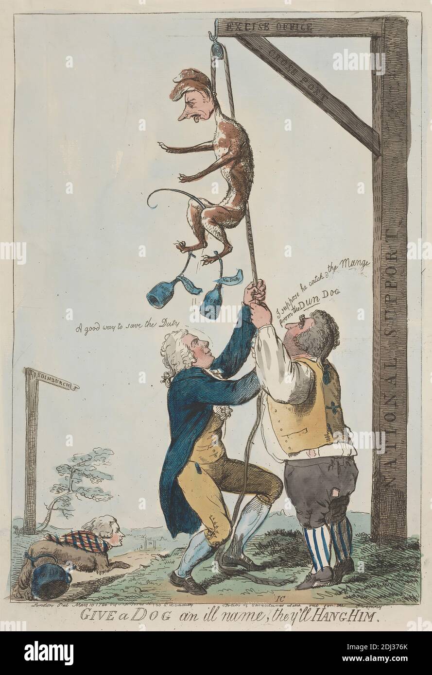 Dare un cane un nome Ill, loro lo Hang, Isaac Cruikshank, 1756–1810, inglese, 1796, incisione, mano-colorato, foglio: 14 1/4 x 9 7/8in. (36.2 x 25,1 cm Foto Stock