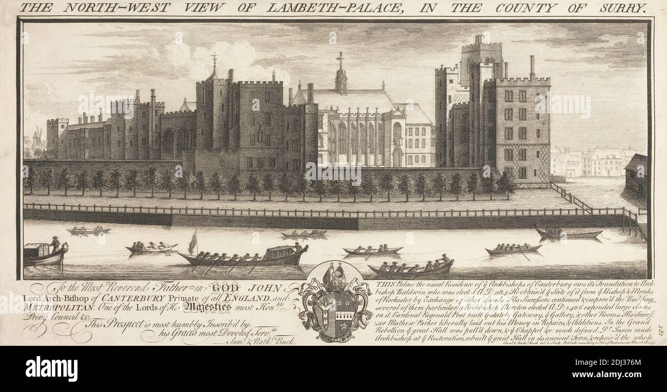 La vista nord-ovest del Lambeth-Palace nella contea di Surrey, Nathaniel Buck, attivo 1727–1753, dopo Nathaniel Buck, attivo 1727–1753, 1737, Engraving Foto Stock