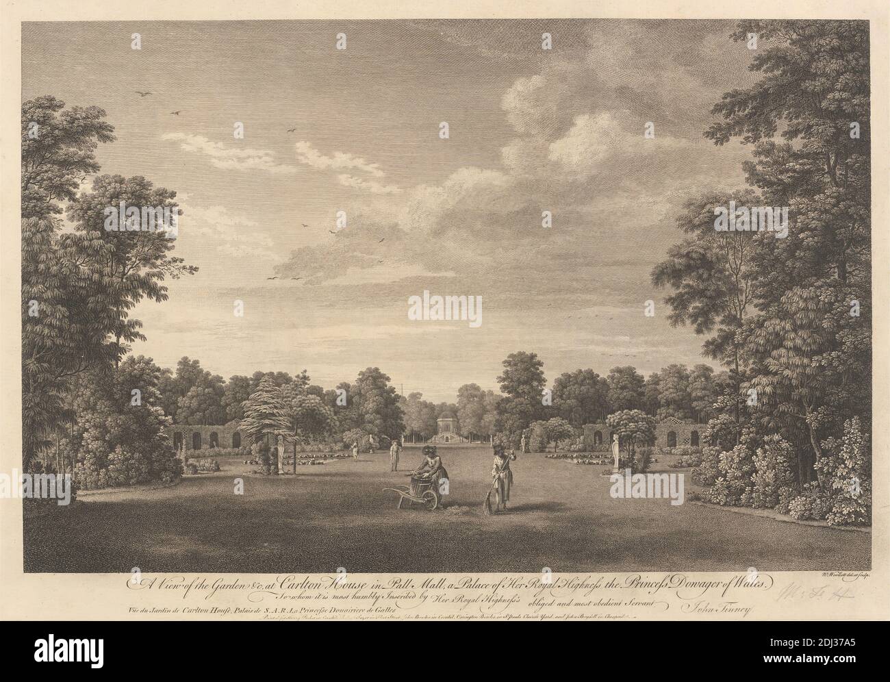 Una veduta del Giardino alla Carlton House nel Centro commerciale Pall, un Palazzo di S.R.H. la Principessa Dowager del Galles, William Woollett, 1735–1785, inglese, dopo William Woollett, 1735–1785, inglese, ca. 1760, incisione, foglio: 14 3/4 x 21 3/8 pollici (37.5 x 54.3 cm Foto Stock