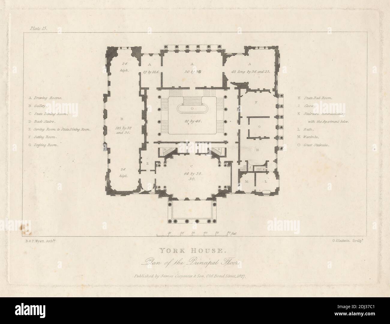 York House: Piano di principio Floor, George Gladwin, attivo 1820–1830, dopo Benjamin Dean Wyatt, 1775–1850, inglese, dopo Philip William Wyatt, 1777–1835, inglese, pubblicato da James Carpenter, attivo 1808–1843, inglese, 1827, incisione su carta di color crema leggermente spessa, foglio: 9 1/16 x 11 5/16 pollici (23 x 28.8 cm), piastra: 15/16 x 20.3 cm (15.1 x 8 pollici) e immagine: 4 7/16 x 7 7/16 pollici (11.2 x 18.9 cm), soggetto architettonico, pianta del pavimento, disposizione, palazzo, camere, scala (regola), Città di Westminster, Inghilterra, Grande Londra, Londra, Regno Unito, York House Foto Stock