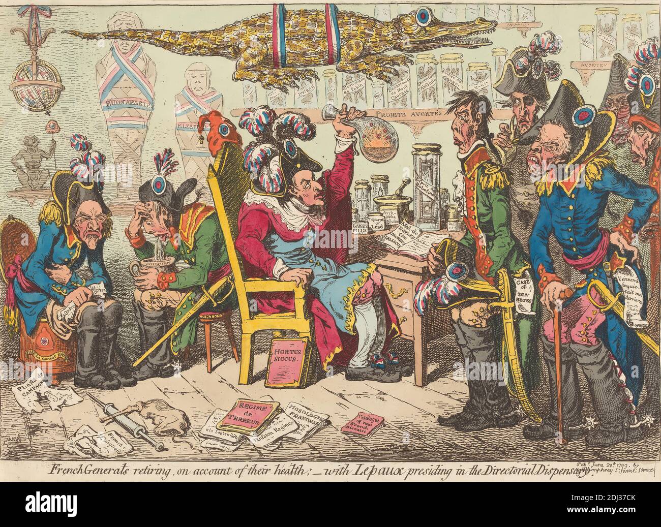 I generali francesi si ritirano, a causa della loro salute; - con Lepaux che presiede nel dispensario direzionale, James Gillray, 1757–1815, British, 1799, Etching, mano-colorato, foglio: 9 1/2 x 13 15/16in. (24.1 x 35,4 cm Foto Stock