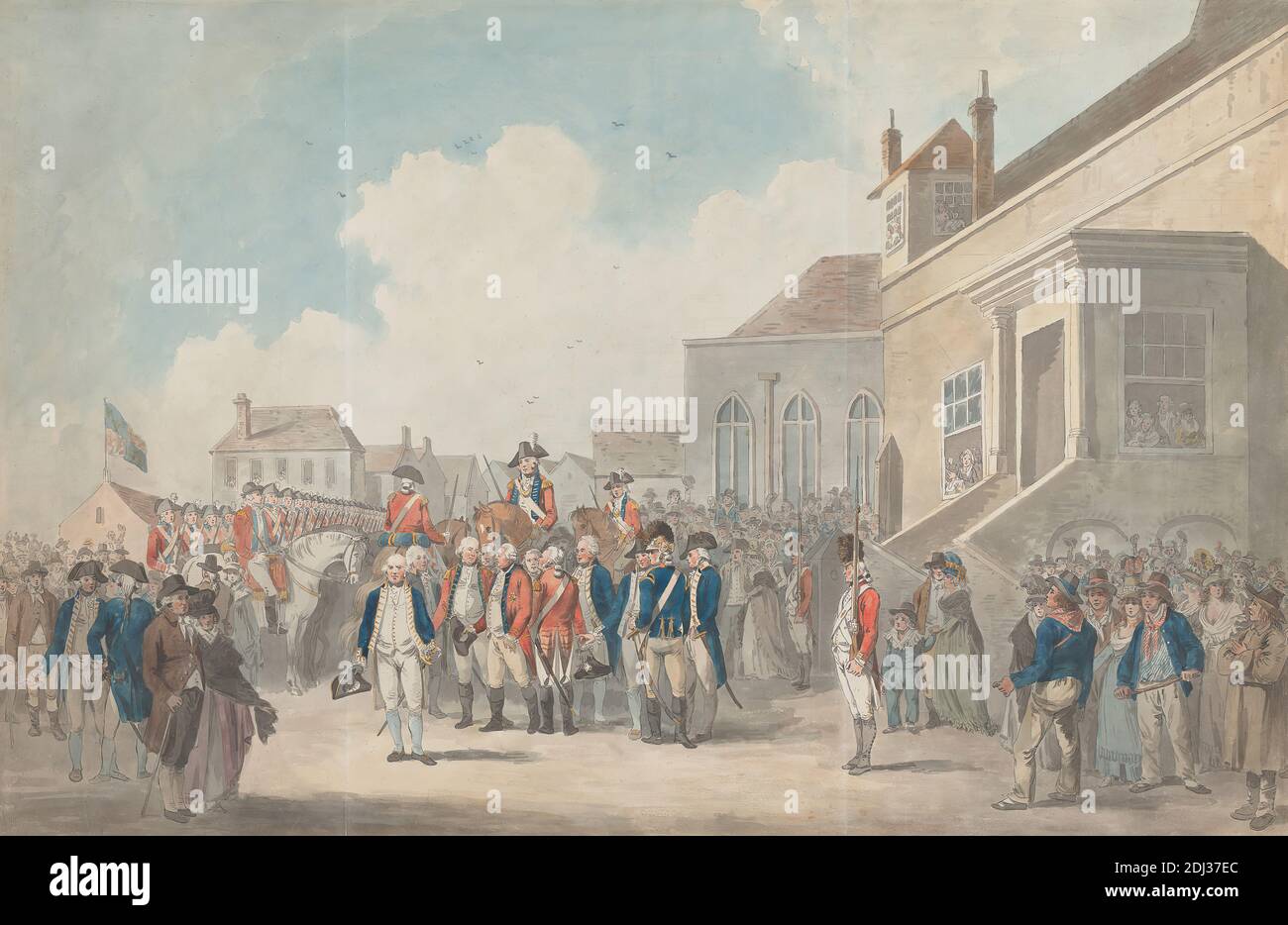 La visita di George III a Portsmouth, artista sconosciuto, dopo Edward dayes, 1763–1804, inglese, c.. 1794, incisione colorata a mano (contorno), foglio: 15 1/16 x 23 1/4 poll. (38.3 x 59,1 cm Foto Stock