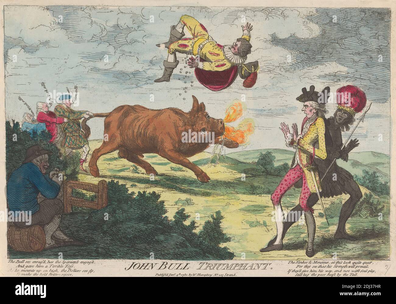 John Bull Triumphant, James Gillray, 1757–1815, British, 1780, Etching, colore a mano, foglio: 8 3/8 x 13 1/8in. (21.3 x 33,3 cm Foto Stock