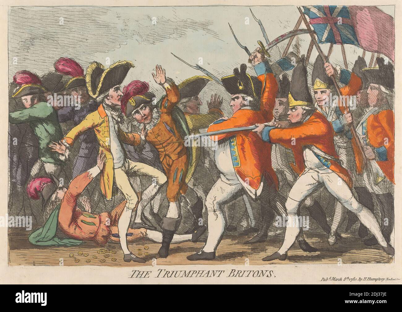 The Triumphant Britons, James Gillray, 1757–1815, British, 1780, Etching, colore a mano, foglio: 8 1/2 x 13 1/8in. (21.6 x 33,3 cm Foto Stock