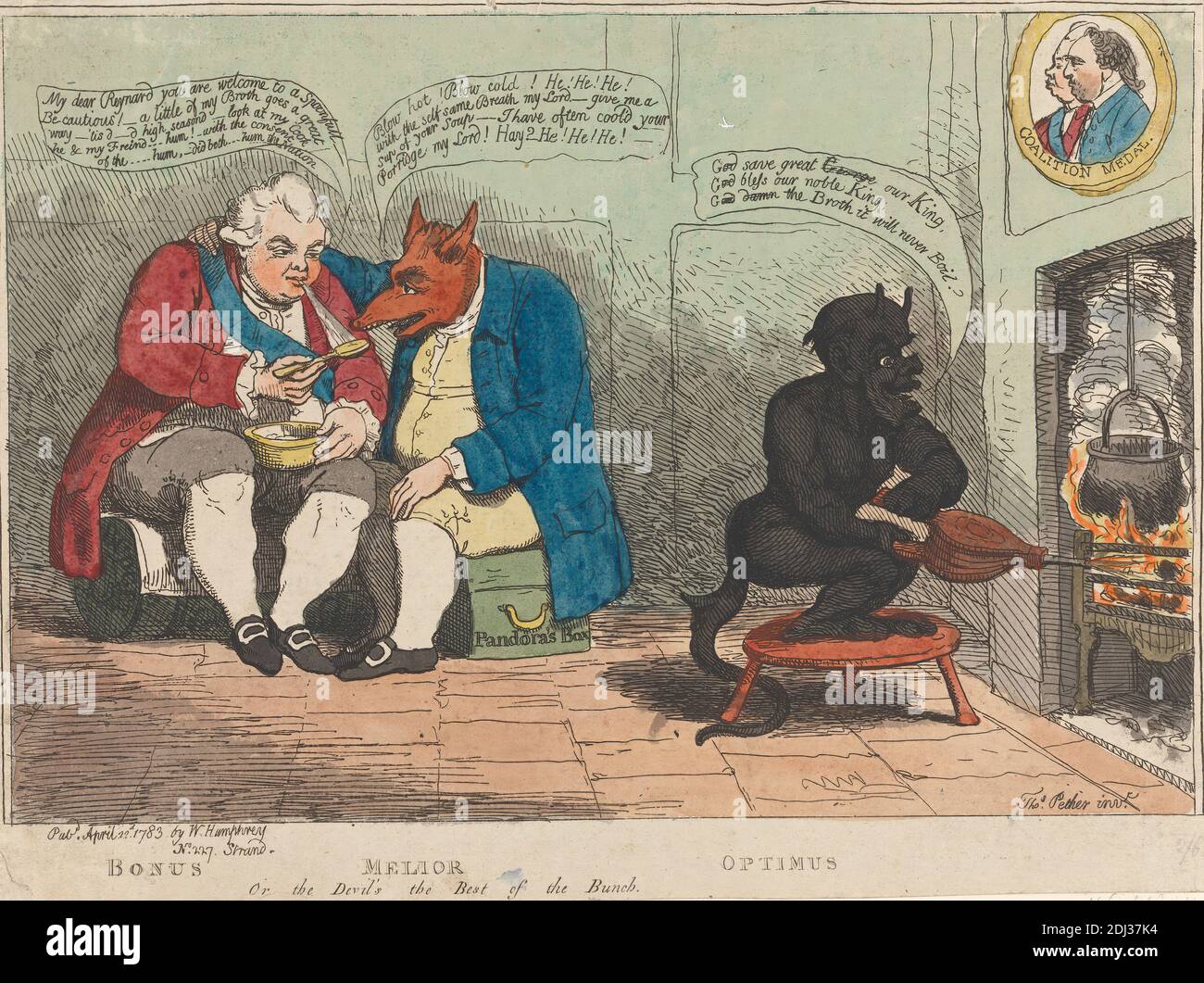 Bonus - Melior - Optimus, o The Devil's The Best of the Bunch, James Gillray, 1757–1815, British, 1783, Etching, colore a mano, foglio: 8 1/2 x 12 1/2in. (21.6 x 31,8 cm Foto Stock