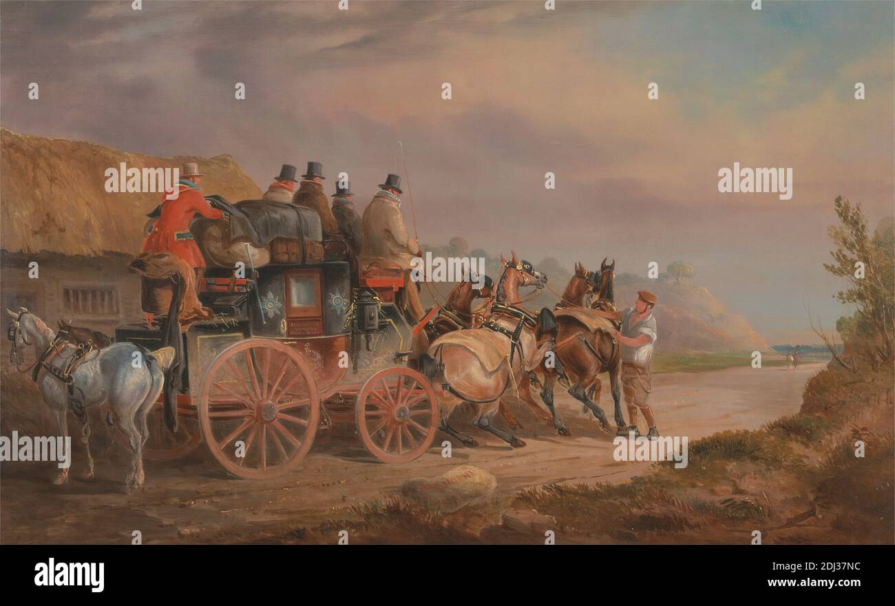 Mail Coaches on the Road: The `Quicksilver' Devonport-London Royal Mail in procinto di iniziare con una nuova squadra (il Devonshire a London Coach), Charles Cooper Henderson, 1803–1877, British, tra il 1820 e il 1830, Oil on Canvas, Support (PTG): 12 3/4 x 20 3/4 pollici (32.4 x 52.7 cm), briglia, cappotto marrone, carrozza, allenatore, cavalli (animali), posta, uomini, strada, squadra, top cappelli, viaggio, frusta, Devon, Devonshire, Inghilterra, Europa, Regno Unito Foto Stock