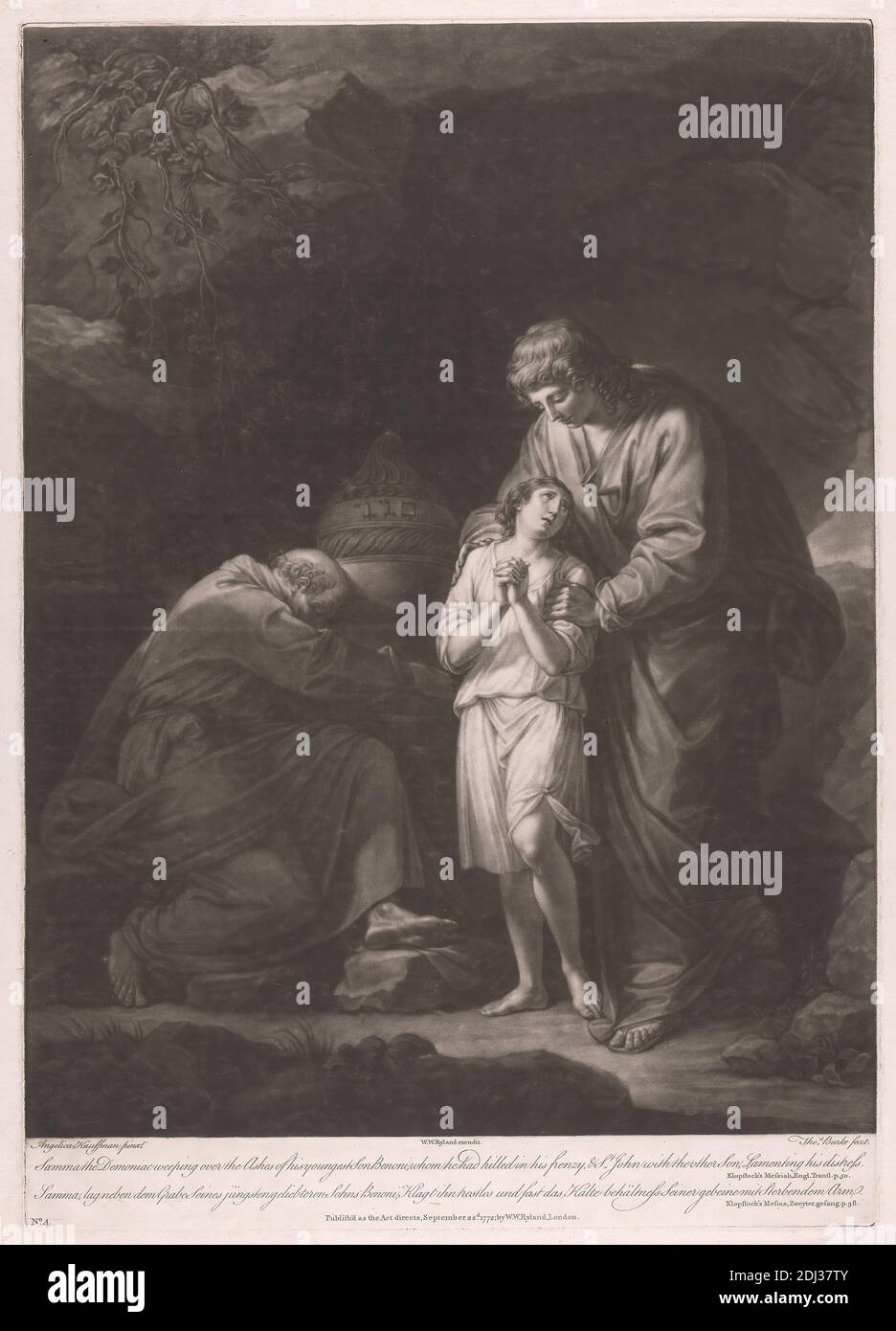 Samma il demoniaco piangendo sulle ceneri del suo figlio più giovane Benoi, Thomas Burke, 1749–1815, britannico, dopo Angelica Kauffmann RA, 1741–1807, svizzero, attivo in Gran Bretagna (1766–81), 1772, Mezzotint, foglio: 19 3/4 x 14 pollici. (50.2 x 35,6 cm Foto Stock