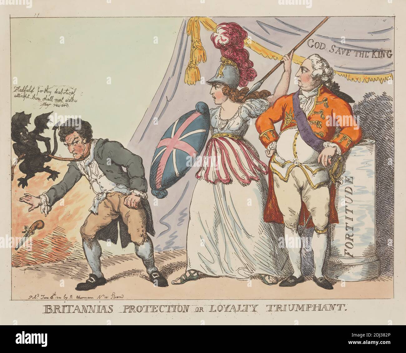 Britania's Protection, OR, Loyalty Triumphant, Thomas Rowlandson, 1756–1827, British, 1800, Etching, colorato a mano Foto Stock