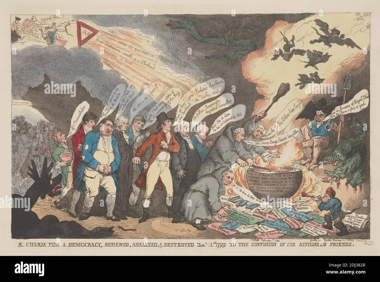 Un fascino per una democrazia, rivisto, analizzato e distrutto 11 gennaio 1799 alla confusione dei suoi amici affiliati, Thomas Rowlandson, 1756–1827, British, 1799, incisione, a mano-colorato, foglio: 10 3/8 x 16 3/4in. (26.4 x 42,5 cm Foto Stock