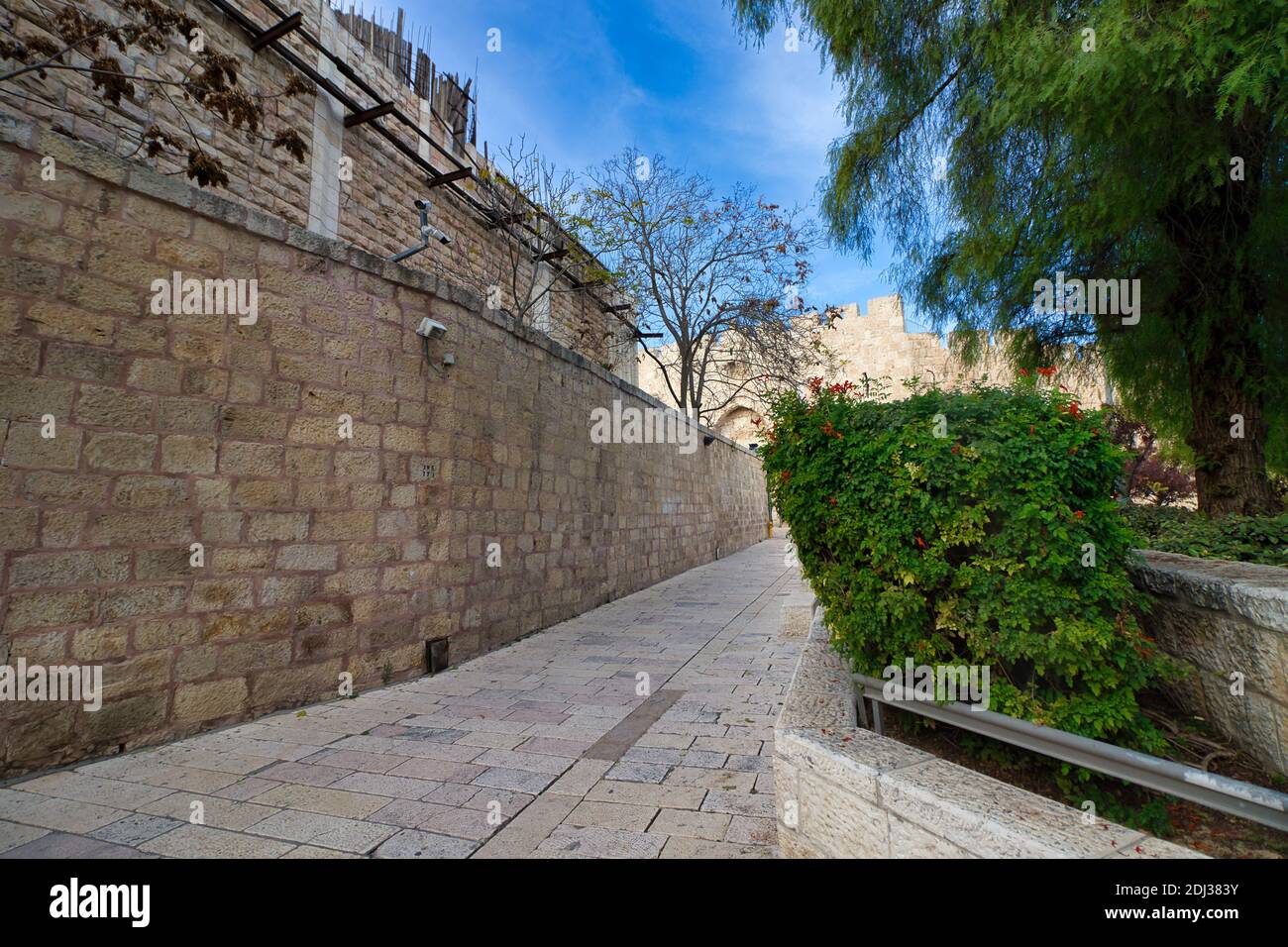 gerusalemme, israele. 04-12-2020. Vicoli stretti con antiche case in pietra di Gerusalemme, alberi e giardini. Nel quartiere ebraico Foto Stock