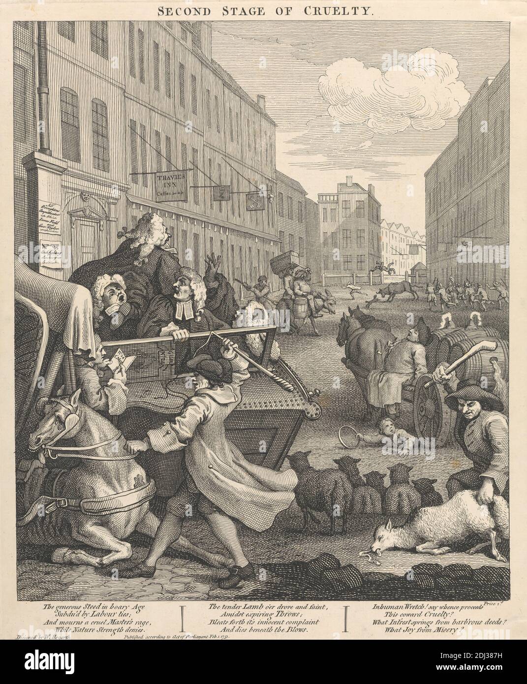La seconda fase della crudeltà: Seconda, Coachman che batte un Cavallo caduto, William Hogarth, 1697–1764, British, 1751, incisione, foglio: 15 3/8 x 12 3/4in. (39.1 x 32,4 cm Foto Stock