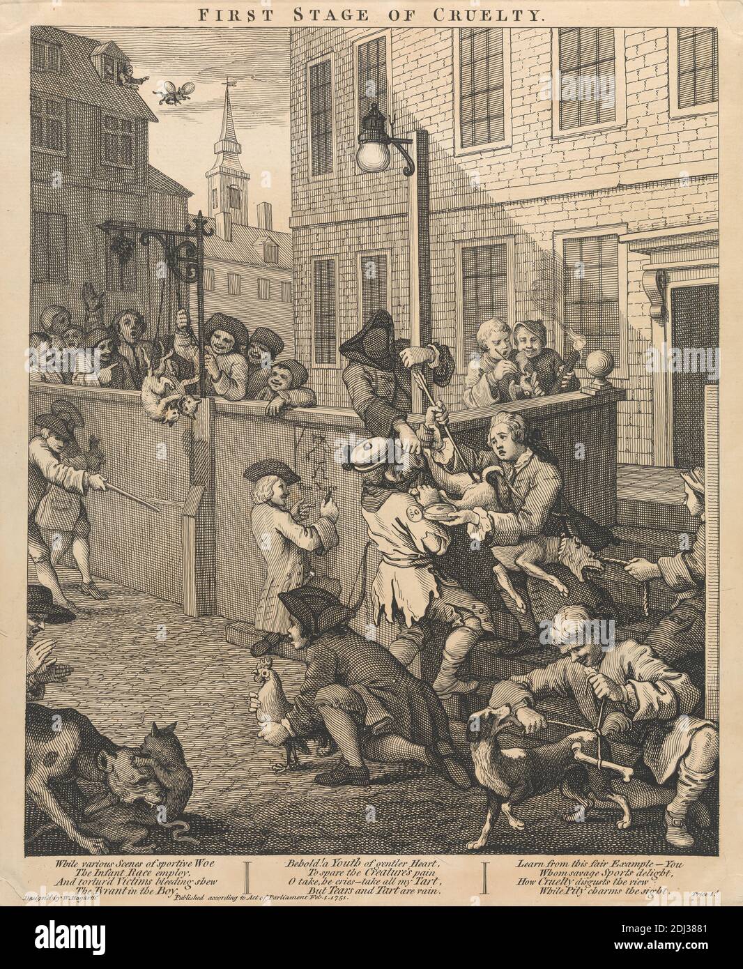 La prima fase della crudeltà: Prima, bambini torturando gli animali, William Hogarth, 1697–1764, British, 1751, incisione, foglio: 15 3/8 x 12 3/4in. (39.1 x 32,4 cm Foto Stock