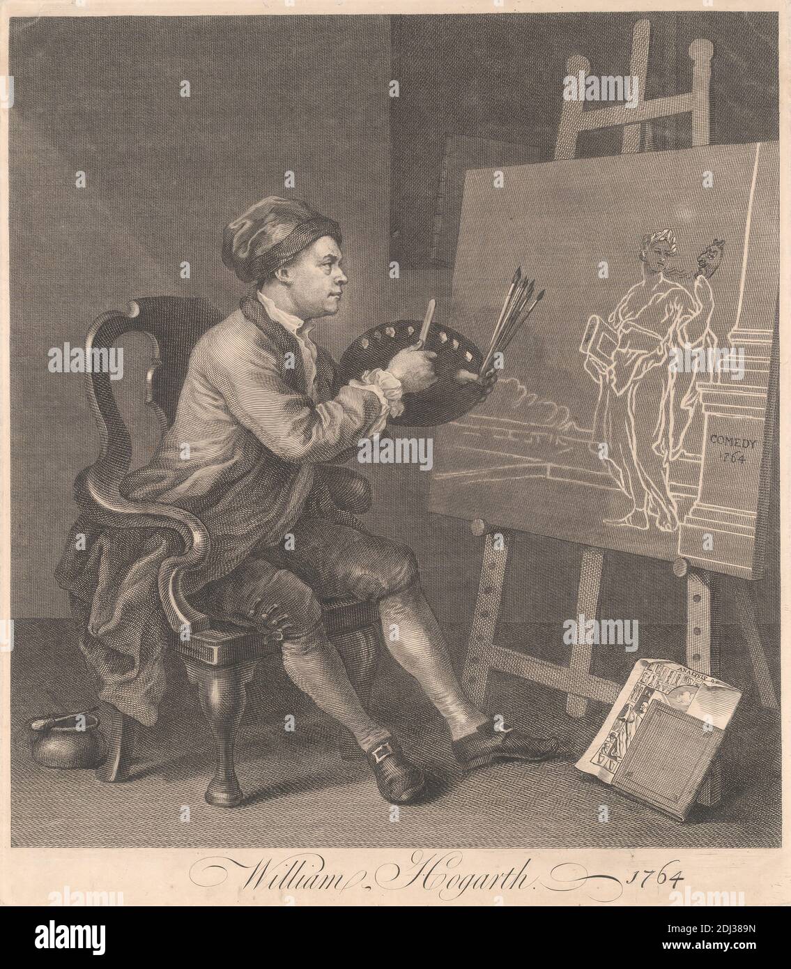Pittura di Hogarth il musetto comico, Stampa fatta da William Hogarth, 1697–1764, inglese, 1764, incisione di linea su carta leggermente spessa e leggermente testurizzata, carta crema, foglio: 16 x 14 pollici (40.6 x 35.6 cm), piatto: 15 7/8 x 13 7/8 pollici (40.3 x 35.2 cm), e immagine: 14 1/2 x 13 1/2 pollici (36.8 x 34.3 cm), alterazione, artista, bellezza, sedia, commedia, cavalletto, uomo, maschera, pennello, ritratto, tristezza, satiro, trattato Foto Stock