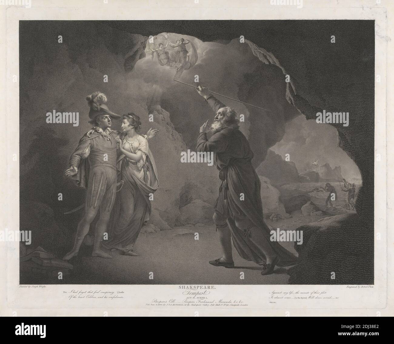 Shakespeare's Tempest Act IV Scene I. Prospero's Cell., Robert Thew, 1758–1802, British, After Joseph Wright of Derby, 1734–1797, British, Active in Italy (1773–75), 1800, incisione con impresso su carta leggermente spessa, moderatamente testurizzata, crema, carta posata, foglio: 21 1/2 × 26 9/16 pollici (54.6 × 67.5 cm), piatto: 20 × 25 3/16 pollici (50.8 × 64 cm), e immagine: 17 9/16 × 23 1/2 pollici (44.6 × 59.7 cm), tema letterario, la Tempesta, esecuzione di William Shakespeare, teatro (disciplina Foto Stock