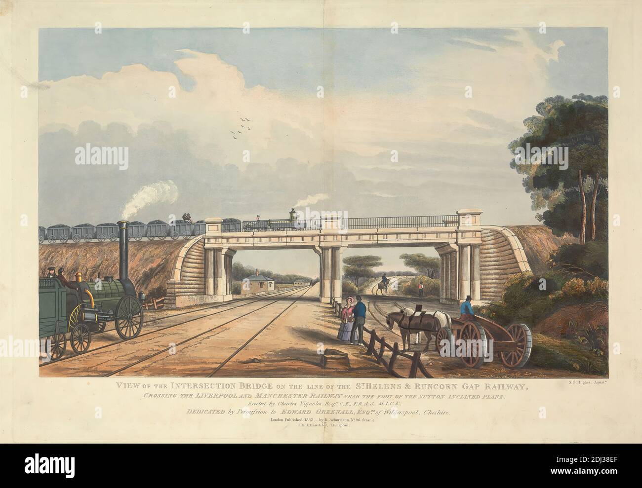 Vista del ponte di intersezione sulla linea di St. Helen's & Runcorn Gap Railway, attraversando la Liverpool e Manchester Railway vicino ai piedi del piano inclinato Sutton, S. G. Hughes, attivo 1832, dopo artista sconosciuto, 1832, acquatint a mano-colorato Foto Stock
