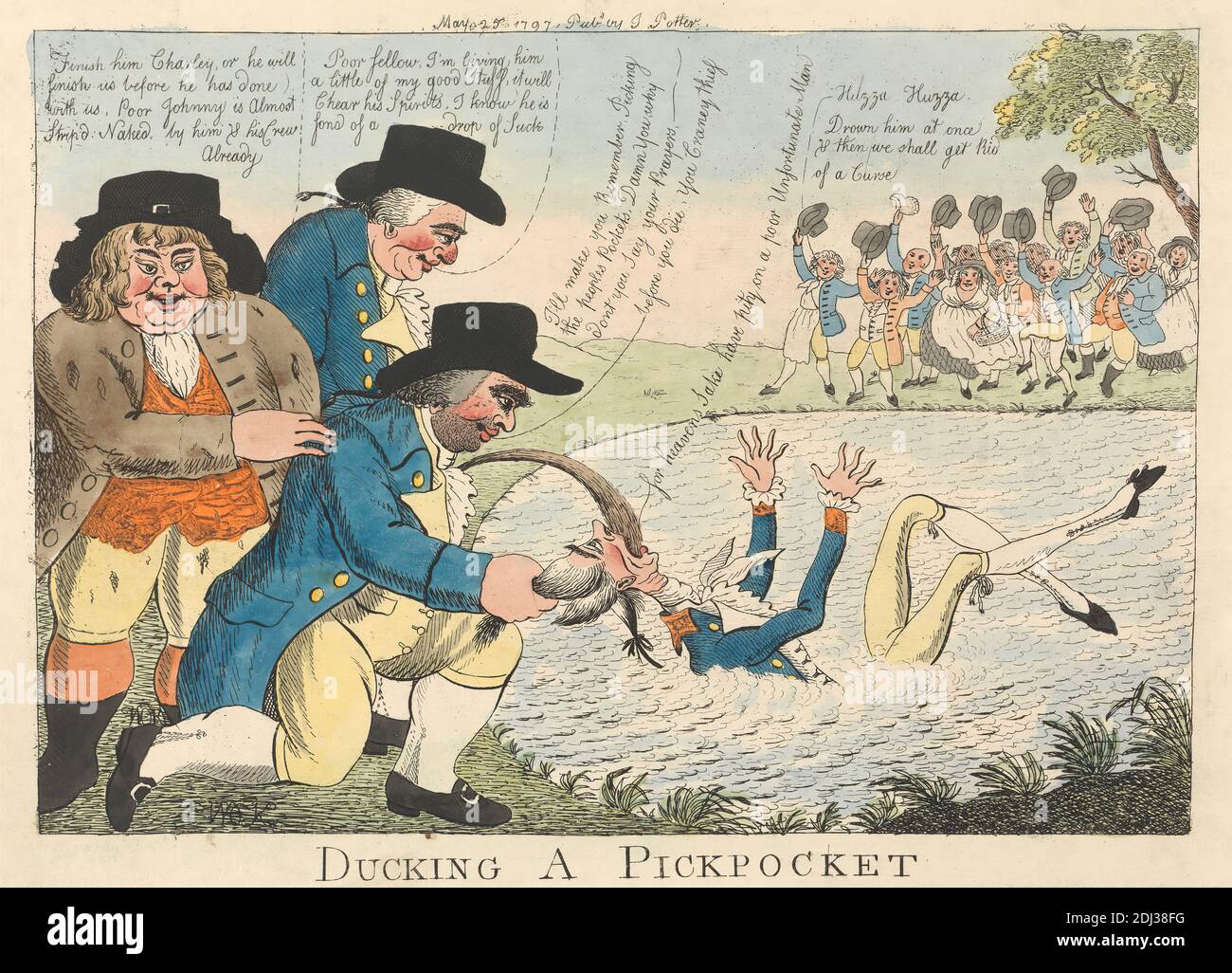 Ducking a PickPocket, William o'Keefe, attivo 1794–1807, 1797, Etching, colorato a mano, foglio: 8 3/4 x 12 1/2 poll. (22.2 x 31,8 cm Foto Stock