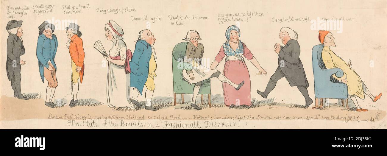 Gli stati delle viscere; o un disordine alla moda!, John Cawse, 1779–1862, inglese, 1794, incisione, colorato a mano, foglio: 5 3/4 x 18 1/4in. (14.6 x 46,4 cm Foto Stock