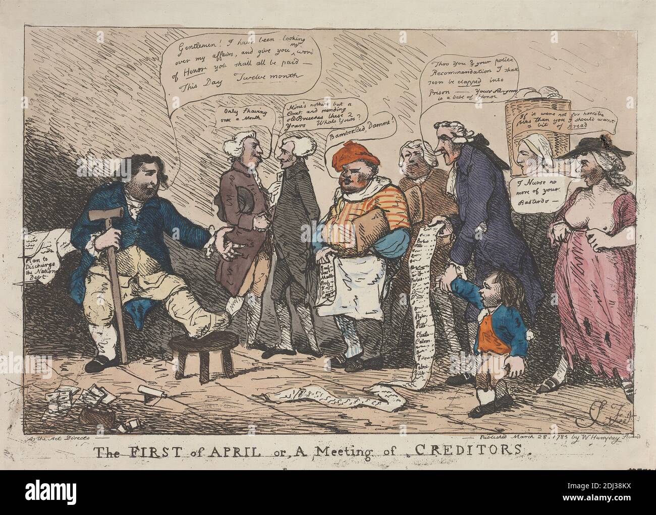Il primo di aprile o, un incontro dei creditori, Samuel Collings, attivo 1784–1795, britannico, 1785, incisione, a mano-colorato, foglio: 7 7/8 x 11 7/8in. (20 x 30,2 cm Foto Stock