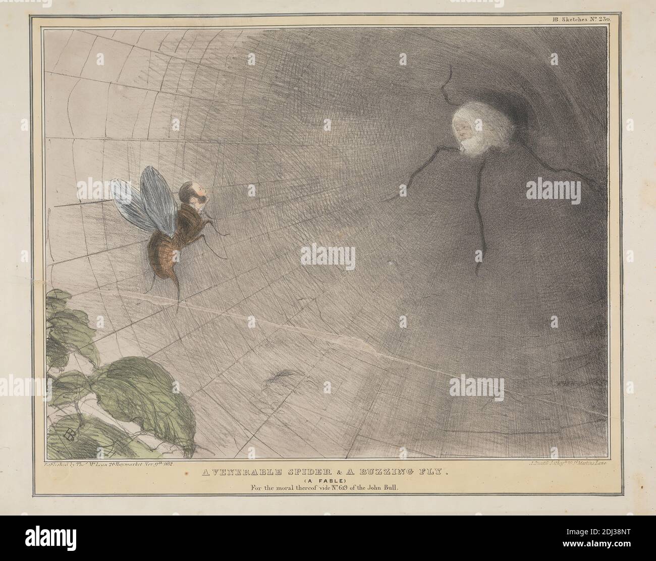 A Venerable Spider and A Buzzing Fly, John Doyle ('H.B.'), 1797–1868, irlandese, 1832, litografia, colorata a mano, foglio: 9 1/2 x 12 1/2 poll. (24.1 x 31,8 cm Foto Stock