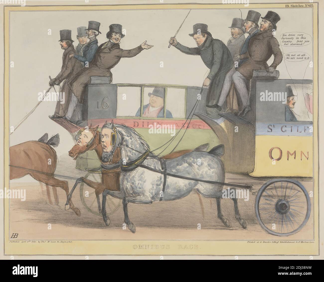 Omnibus Race, John Doyle ('H.B.'), 1797–1868, Irlandese, 1840, litografia, colorata a mano, foglio: 10 1/8 x 13 1/2in. (25.7 x 34,3 cm Foto Stock