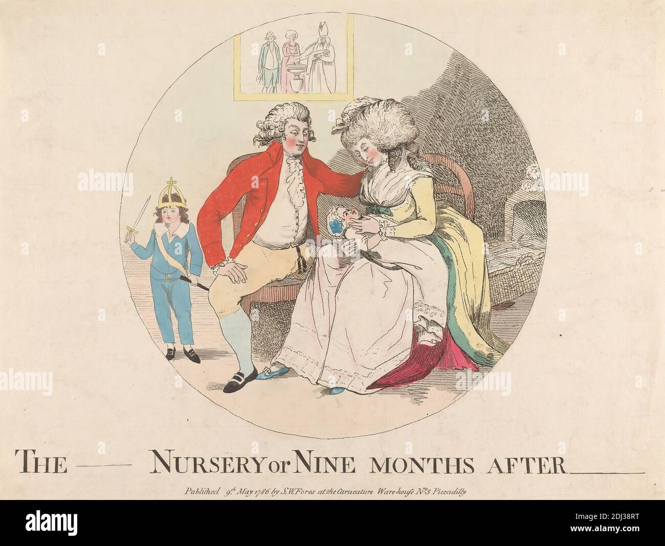 The (Prince's) Nursery or nove months after, James Gillray, 1757–1815, British, 1786, Etching, hand-colored, foglio: 9 3/4 x 9 3/4in. (24.8 x 24,8 cm Foto Stock