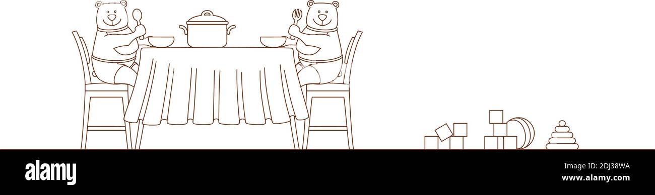 Illustrazione della colorazione. Gli orsi mangiano seduti al tavolo Illustrazione Vettoriale