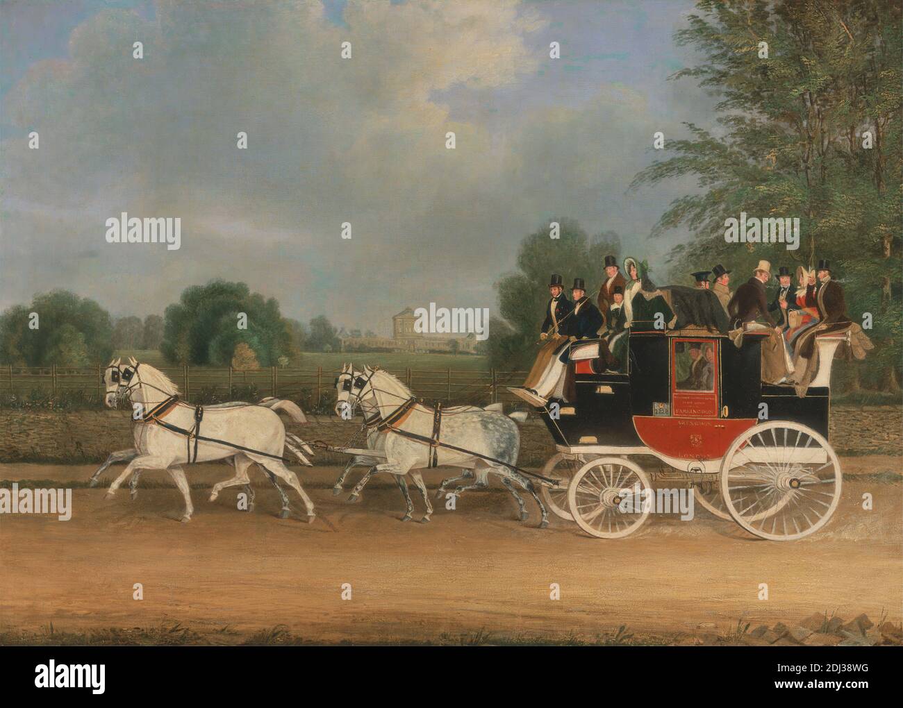La London-Faringdon Coach passando Buckland House, Berkshire, James Pollard, 1792–1867, British, 1835, Oil on Canvas, Support (PTG): 19 7/8 x 27 5/8 pollici (50.5 x 70.2 cm), carrozza, costume, casa di campagna, genere soggetto, imbracatura, cavalli (animali), redini, strada, trasporto, viaggio, veicolo, vittoriano, Berkshire, Buckland, Buckland House, Inghilterra, Europa, Oxfordshire, Regno Unito Foto Stock
