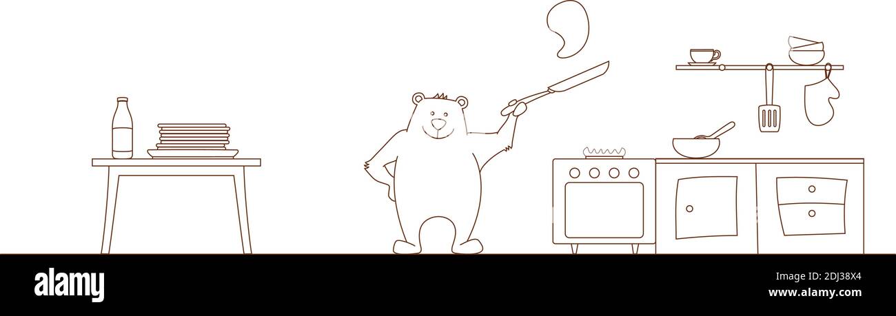 Illustrazione della colorazione. Gli orsi preparano pancake in cucina Illustrazione Vettoriale