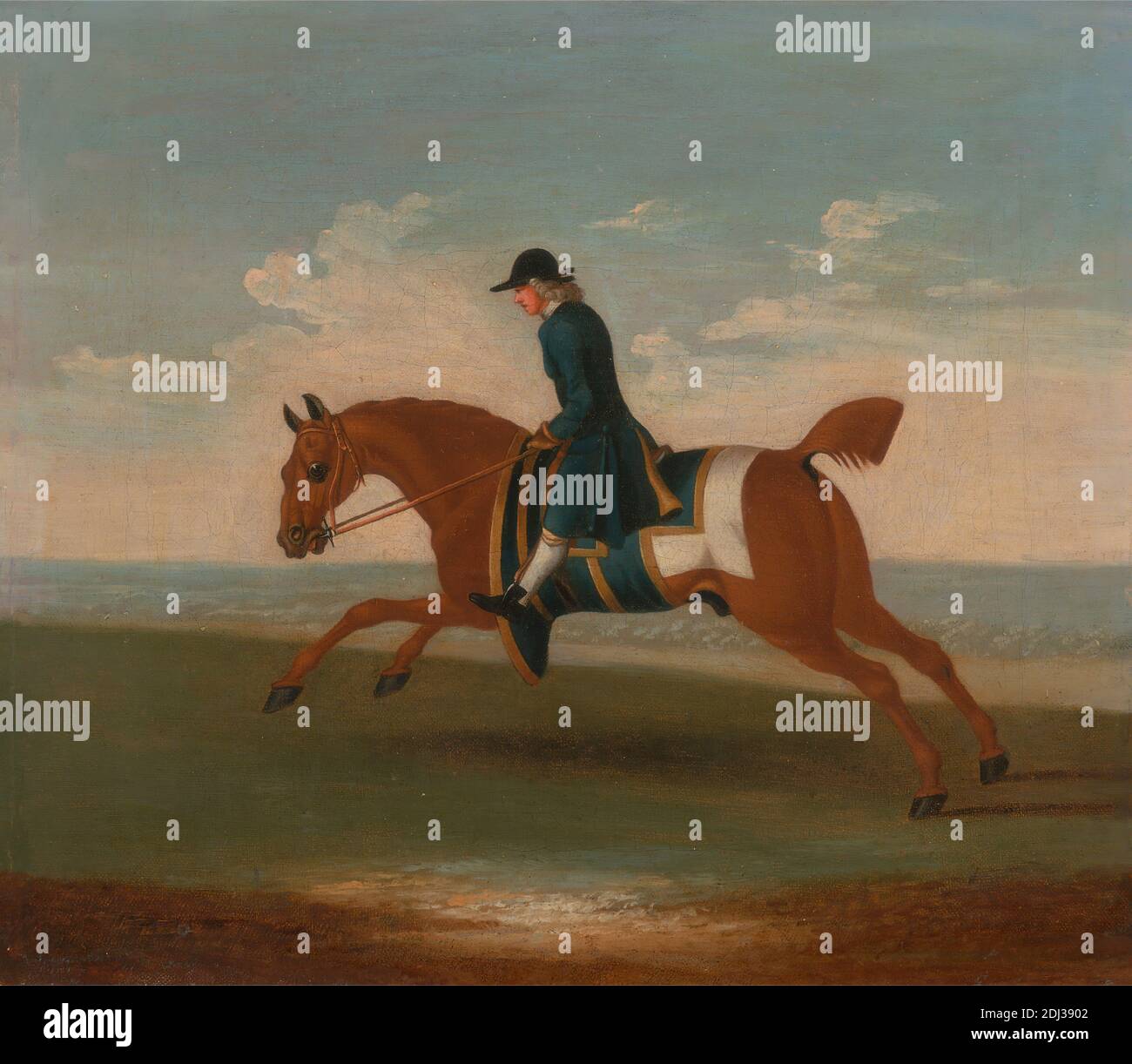 Uno dei quattro Ritratti di cavalli - un cavallo di castagna esercitato da  un allenatore in un cappotto blu: Galoppo a sinistra, il cavallo che  indossa copriletto di sudore blu e tessuto