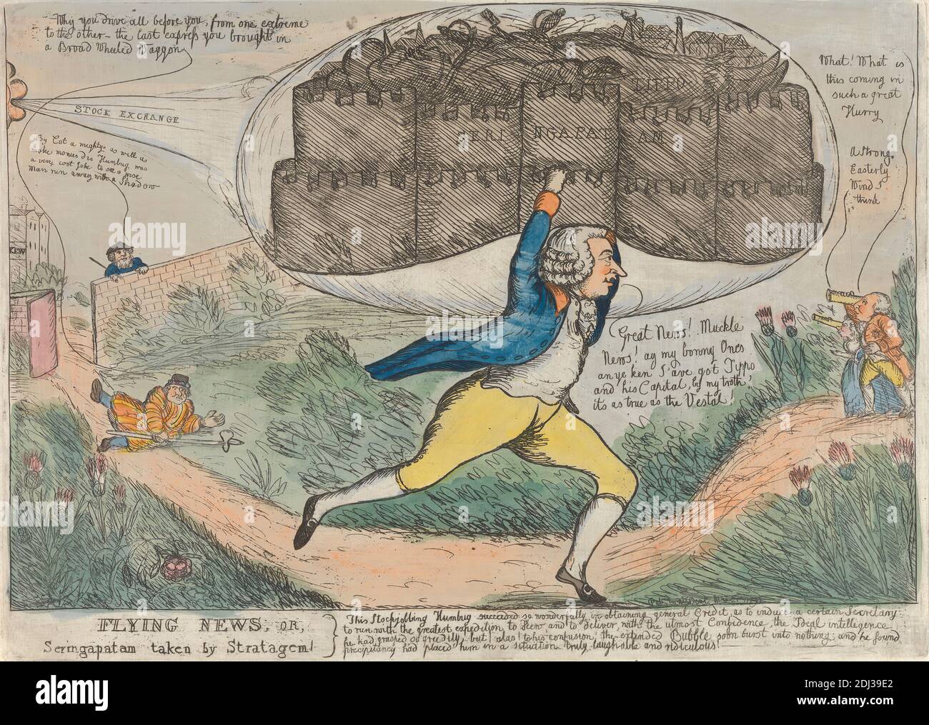 Flying News; OR, Seringapatam preso da Stratagem..., William Dent, attivo 1784–1793, 1792, incisione con acquerello su carta a fogli, foglio: 9 3/4 x 13 3/4in. (24.8 x 34,9 cm Foto Stock