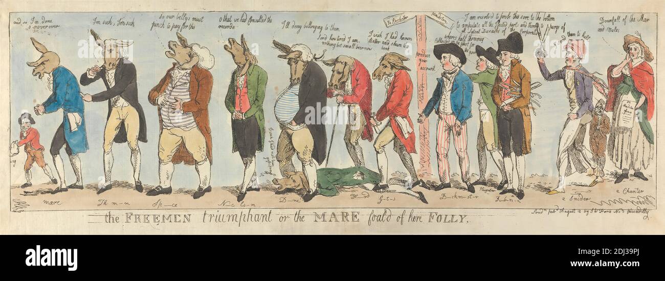 The Freemen Triumphant or the Mare Foald or here Folly, Isaac Cruikshank, (?), 1756–1810, British, 1789(?), Etching, hand-colored, Sheet: 6 7/8 x 22 1/2in. (17.5 x 57,2 cm Foto Stock