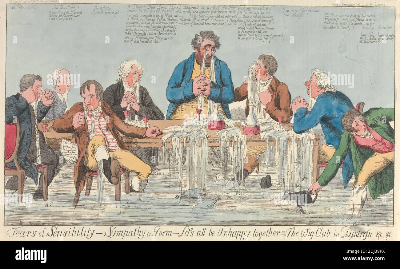 Lacrime di sensibilità - simpatia una poesia - Let's all Unhappy Together - cioè - il Wig Club in Distress ecc., Charles Ansell, ca.1752–Active 1790, British, 1797, Etching, mano-colorato, foglio: 9 x 15 3/4in. (22.9 x 40cm), club (associazione Foto Stock