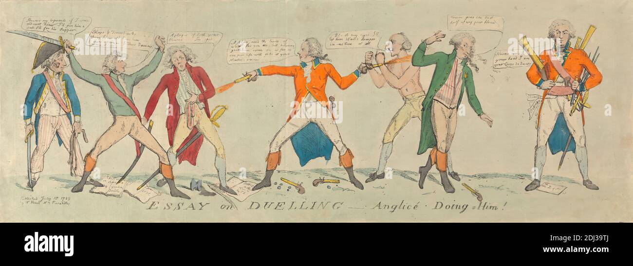 Saggio su Dueling - Anglice doing = HIM!, Samuel Collings, Active 1784–1795, British, 1789, Etching, colorato a mano, foglio: 8 1/4 x 23 3/8in. (21 x 59,4 cm Foto Stock