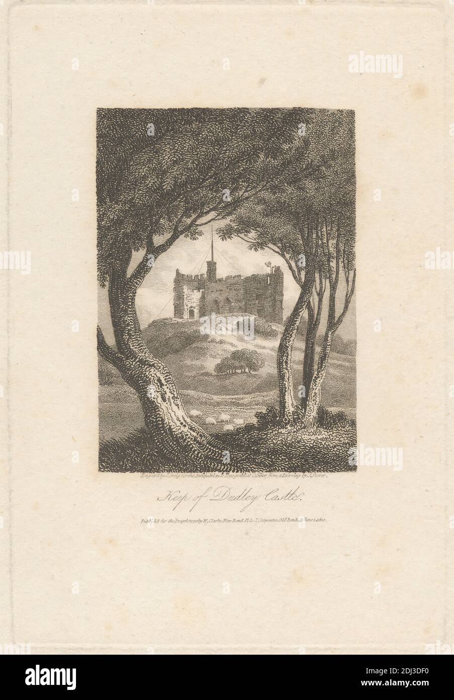 Keep of Dudley Castle, Stampa realizzata da John Greig, Active 1800–1853, British, After James S. Storer, 1771–1853, British, pubblicata da William Clark, Active 1808–1815, British, and James Carpenter, Active 1808–1843, British, 1810, incisione su carta color crema leggermente spessa, foglio: 9 x 5 5/8 pollici (22.9 x 14.3 cm), piatto: 5 15/16 x 4 pollici (15.1 x 10.2 cm), e immagine: 3 3/8 x 2 3/8 pollici (8.6 x 6.1 cm), soggetto architettonico, castello, collina, tenere, paesaggio, rovine, alberi, Dudley, Dudley, Castello di Dudley, Inghilterra, Regno Unito Foto Stock