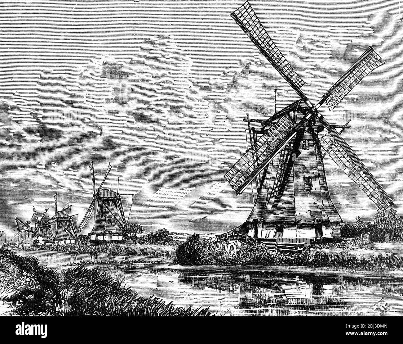 Incisione di mulini a vento in Olanda, pompando acqua dalle pianure Foto Stock