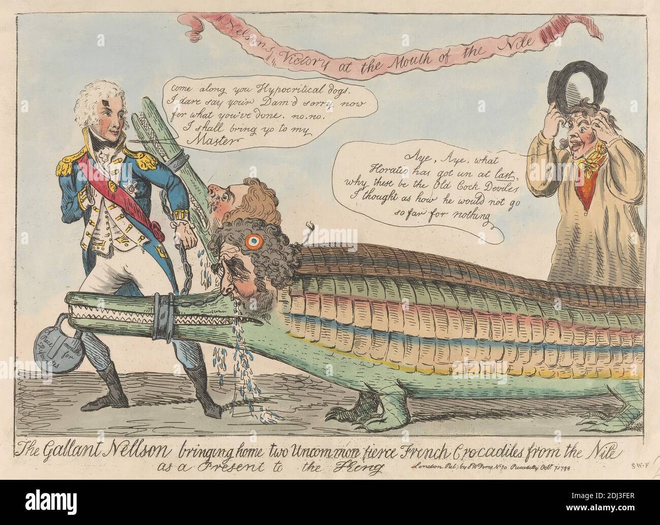 The Gallant Nelson portare a casa due ircomuni coccodrilli francesi feroci dal Nilo come regalo al re, Isaac Cruikshank, 1756–1810, inglese, 1798, incisione, colorato a mano, foglio: 8 3/4 x 13 1/4in. (22.2 x 33,7 cm Foto Stock