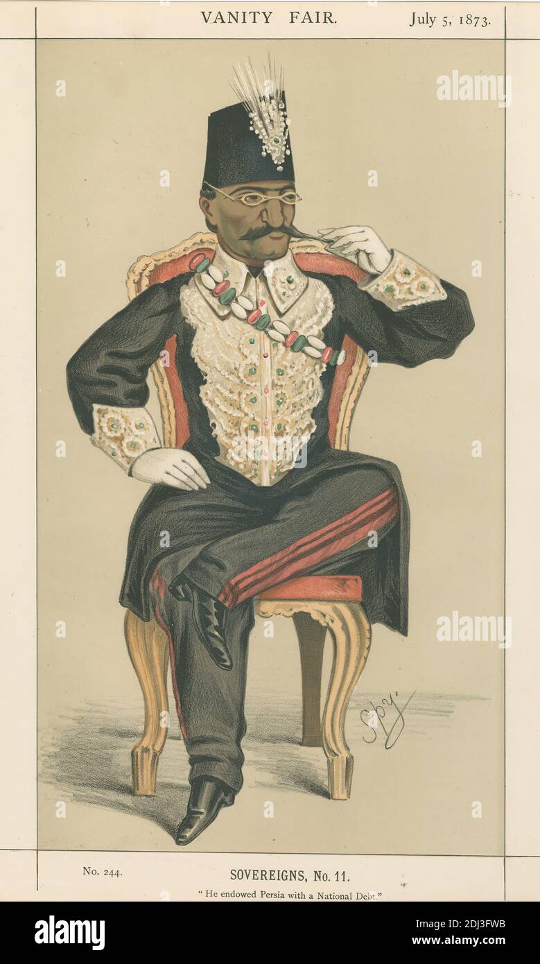 Vanity Fair: Royale; 'ha dotato Persia di un debito nazionale', Nassar-ed-din, The Shah of Persia, 5 luglio 1873, Leslie Matthew 'Sty' Ward, 1851–1922, British, 1873, Chromolithograph Foto Stock