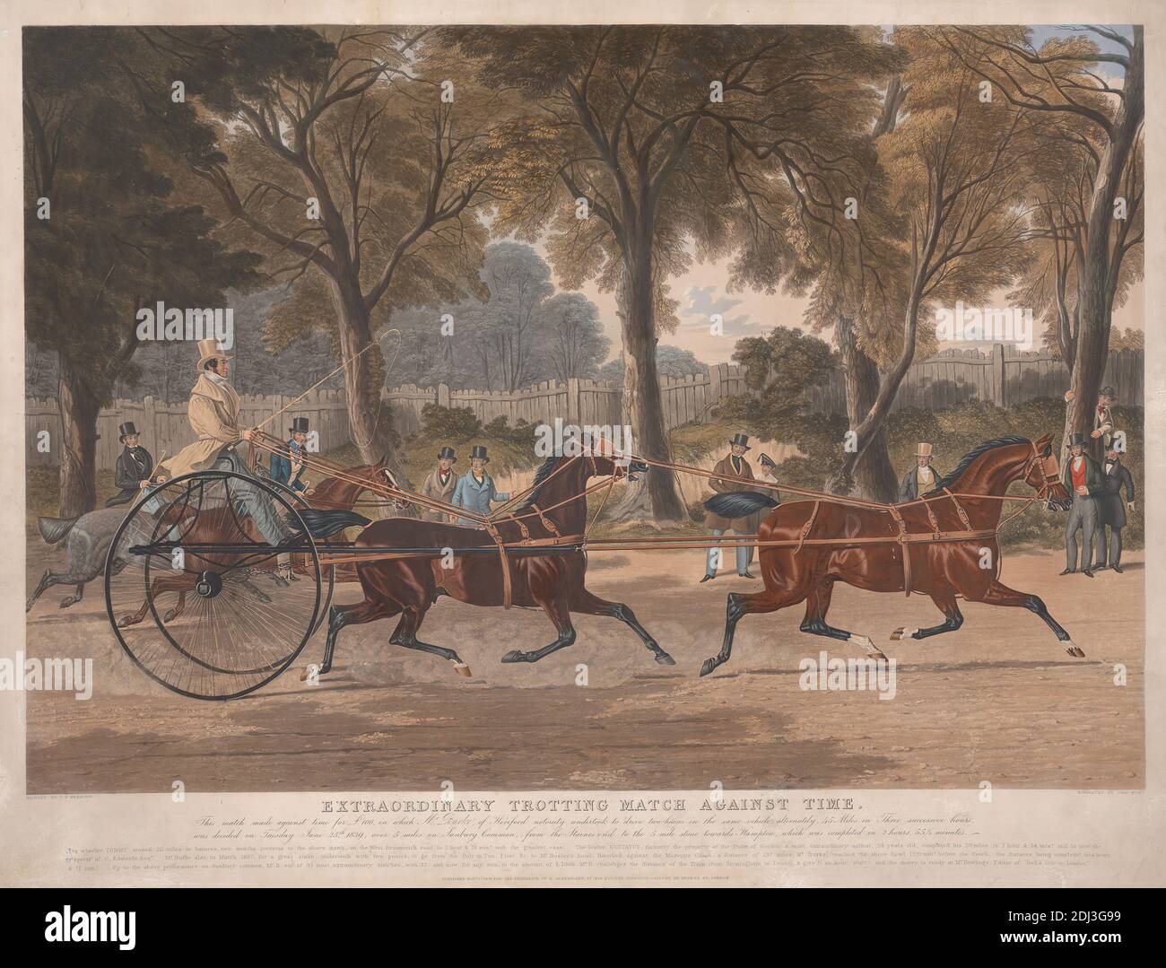 Unextraordinary Trotting Match Against Time, Charles Hunt, 1803–1877, British, After John Frederick Herring, 1795–1865, British, 1839, Aquatint, colore a mano, foglio: 20 x 29 poll. (50.8 x 73,7 cm Foto Stock