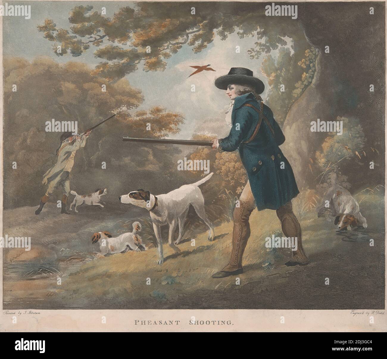 Due di un set di sei: 1. Fagiani Shooting, Robert Dodd, 1748–1816, British, After Julius Caesar Ibbetson, 1759–1817, British, 1790, acquatint colorato a mano e stampato, foglio: 11 7/8 x 14 1/2in. (30.2 x 36,8 cm Foto Stock