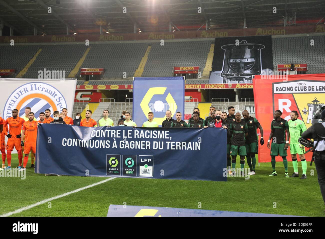 No al razzismo durante il campionato francese Ligue 1 partita di calcio tra RC Lens e Montpellier HSC il 12 dicembre 2020 AT / LM Foto Stock