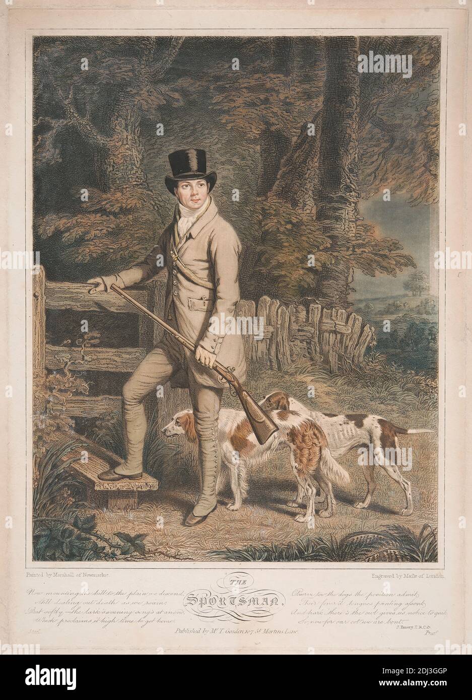 Shooting the Sportsman (quattro righe di versi di J. Emery), George Maile, attivo 1824–1840, dopo Benjamin Marshall, 1768–1835, inglese, 1824, Colour printed Etching and mezzotint, foglio: 10 1/2 x 7 1/2in. (26.7 x 19,1 cm Foto Stock