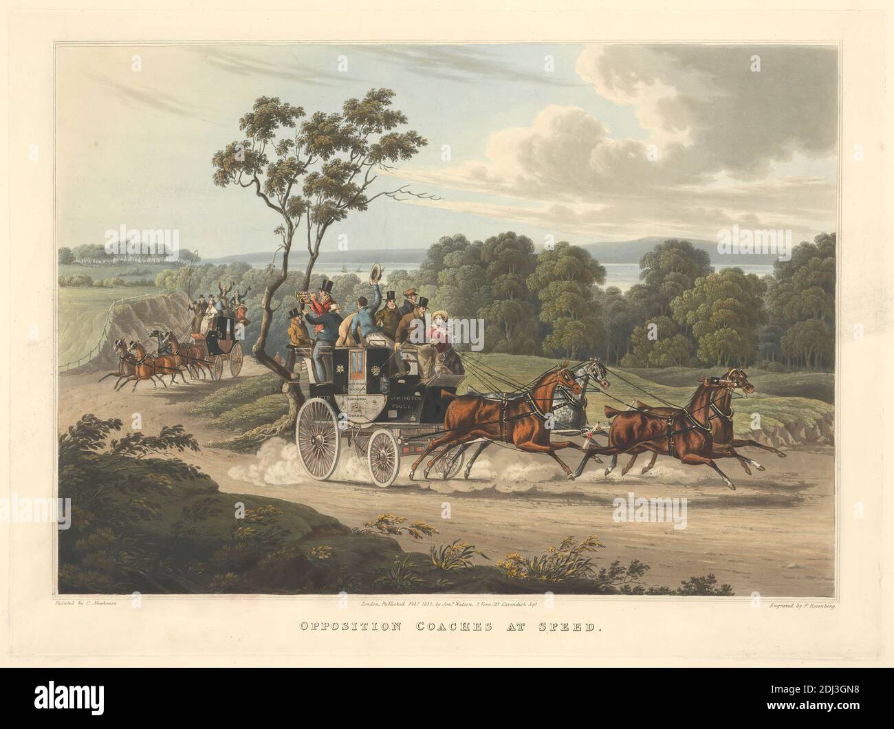 Opposition Coaches at Speed, Frederick Rosenberg, Active 1816–1832, Charles B. Newhouse, fl. c.1820–1836, British, 1832, Aquatint, colore mano, foglio: 13 1/16 x 17 3/4in. (33.2 x 45,1 cm Foto Stock