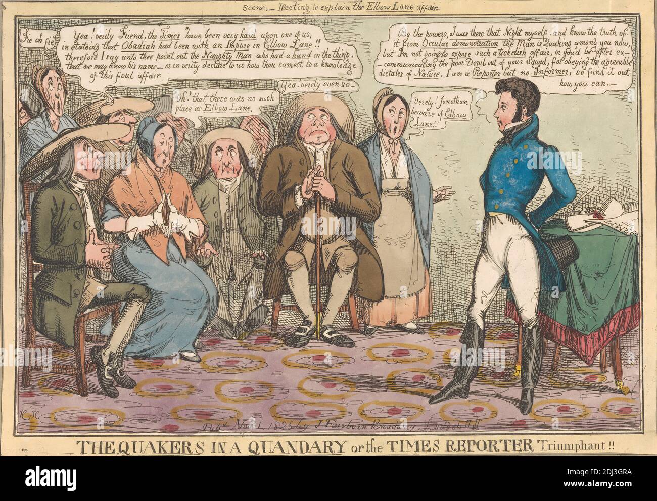The Quakers in a Quandary or the Times Reporter Triumphant!!, Henry Heath, attivo 1824–1835, inglese, 1825, incisione, colore a mano, foglio: 8 1/2 x 12 3/4in. (21.6 x 32,4 cm Foto Stock