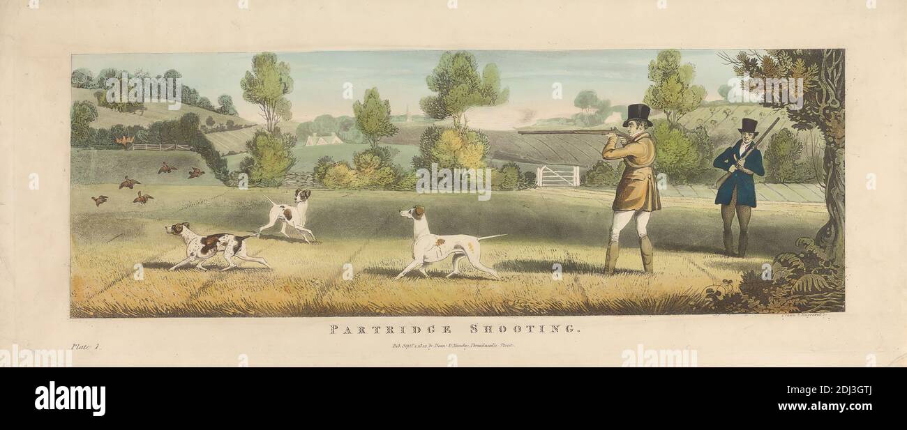 Set di tiro di sei: 1. Partridge Shooting, James Pollard, 1792–1867, British, After James Pollard, 1792–1867, British, 1822, Aquatint, colorato a mano, foglio: 7 1/4 x 18 1/4 poll. (18.4 x 46,4 cm Foto Stock