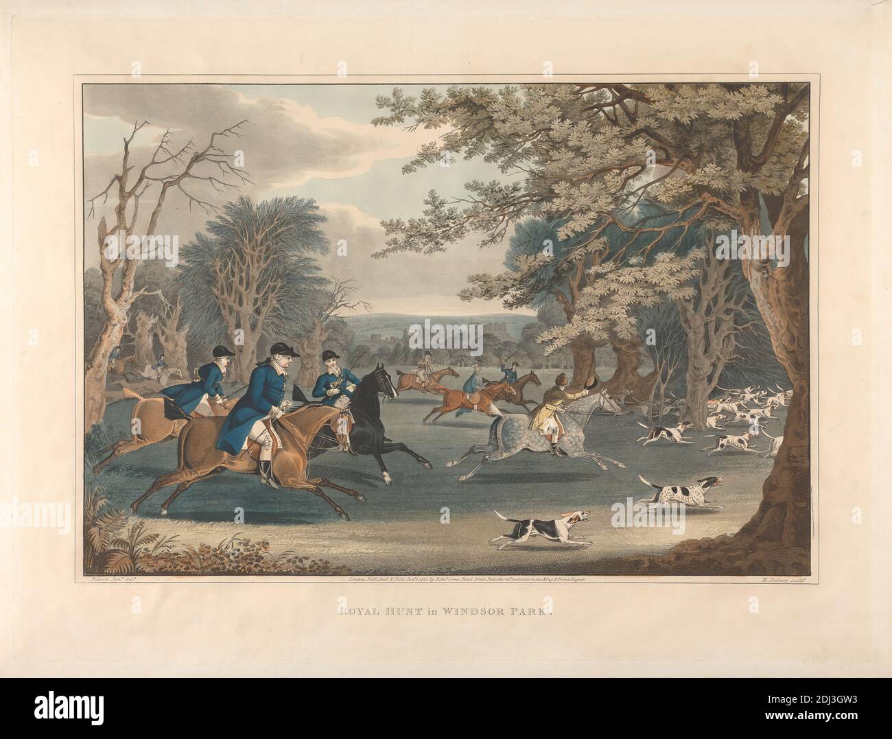 Royal Hunt in Windsor Park, James Pollard, 1792–1867, British, After Matthew Dubourg, Active 1786–1838, British, 1820, Aquatint, Hand-Coloured, foglio: 15 7/8 x 21 1/4in. (40.3 x 54 cm Foto Stock