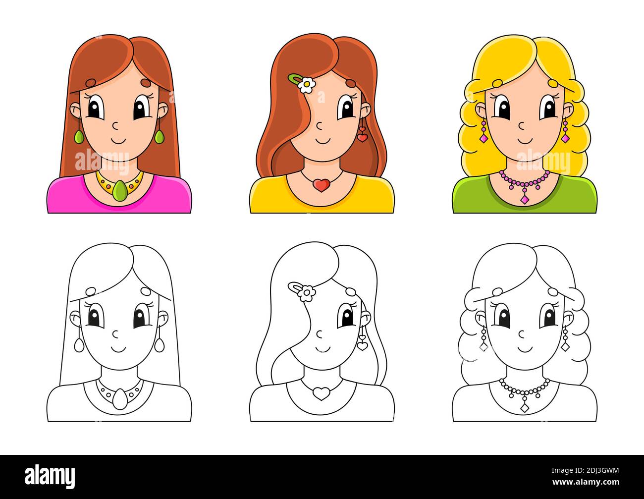 Imposta la pagina da colorare per i bambini. Simpatici personaggi cartoni animati. Tratto nero. Con campione. Illustrazione vettoriale. Illustrazione Vettoriale
